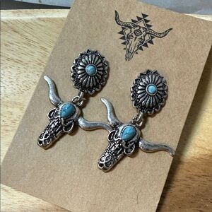Turquoise Accent Silver Longhorn Drop Earrings